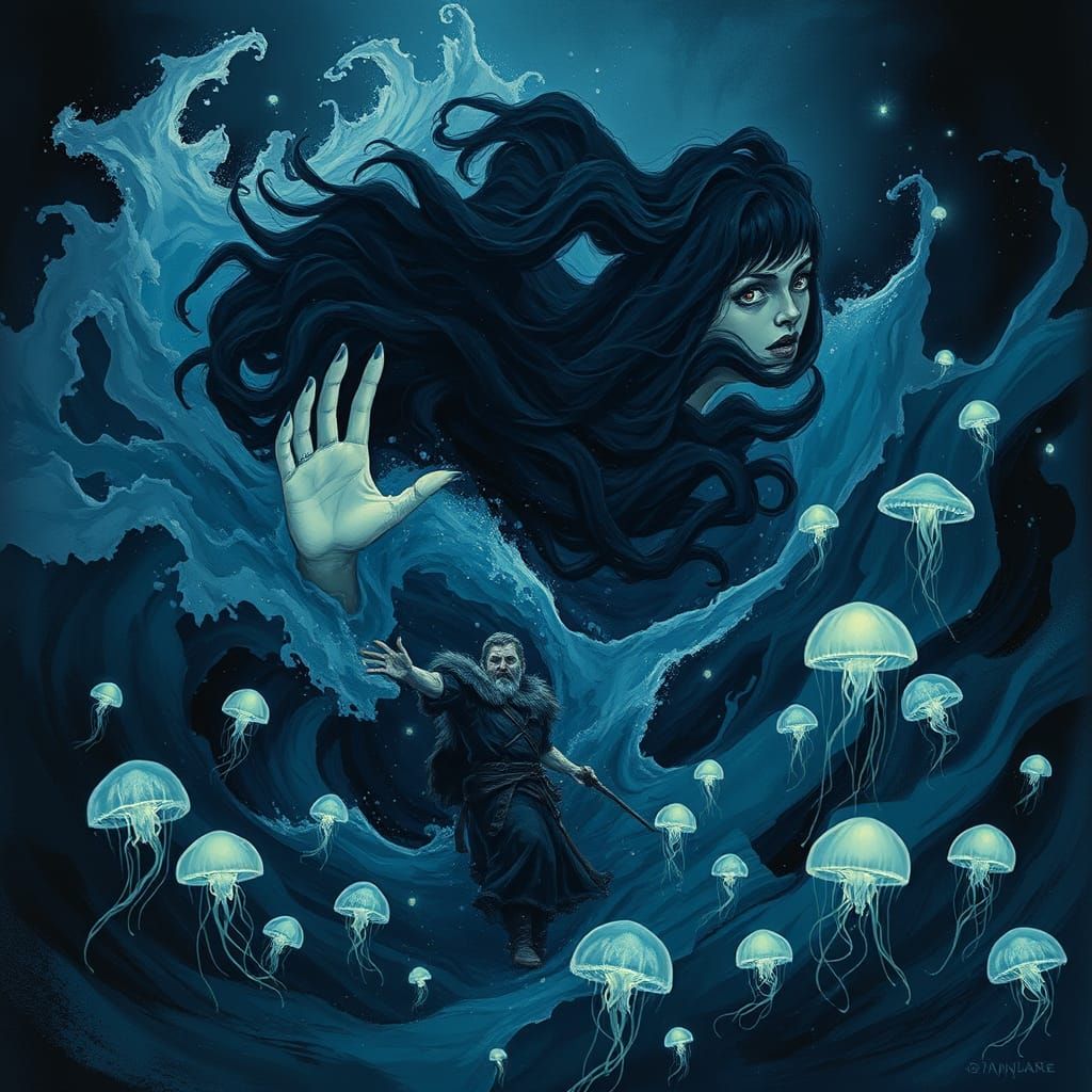 Norse Sea Goddess Emerges from Stormy Waves in Dark, Mysteri...