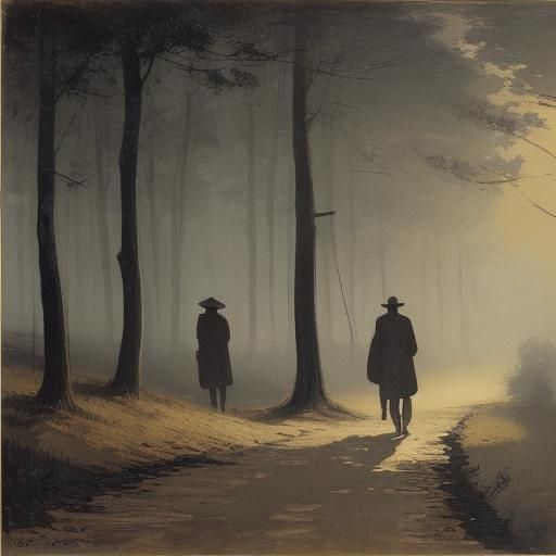 Travelers in Misty Dawn: Impressionist Woodblock Print