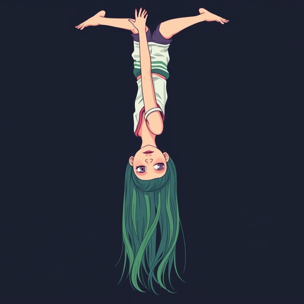 Girl in Handstand with Flowing Hair: Stylized Illustration