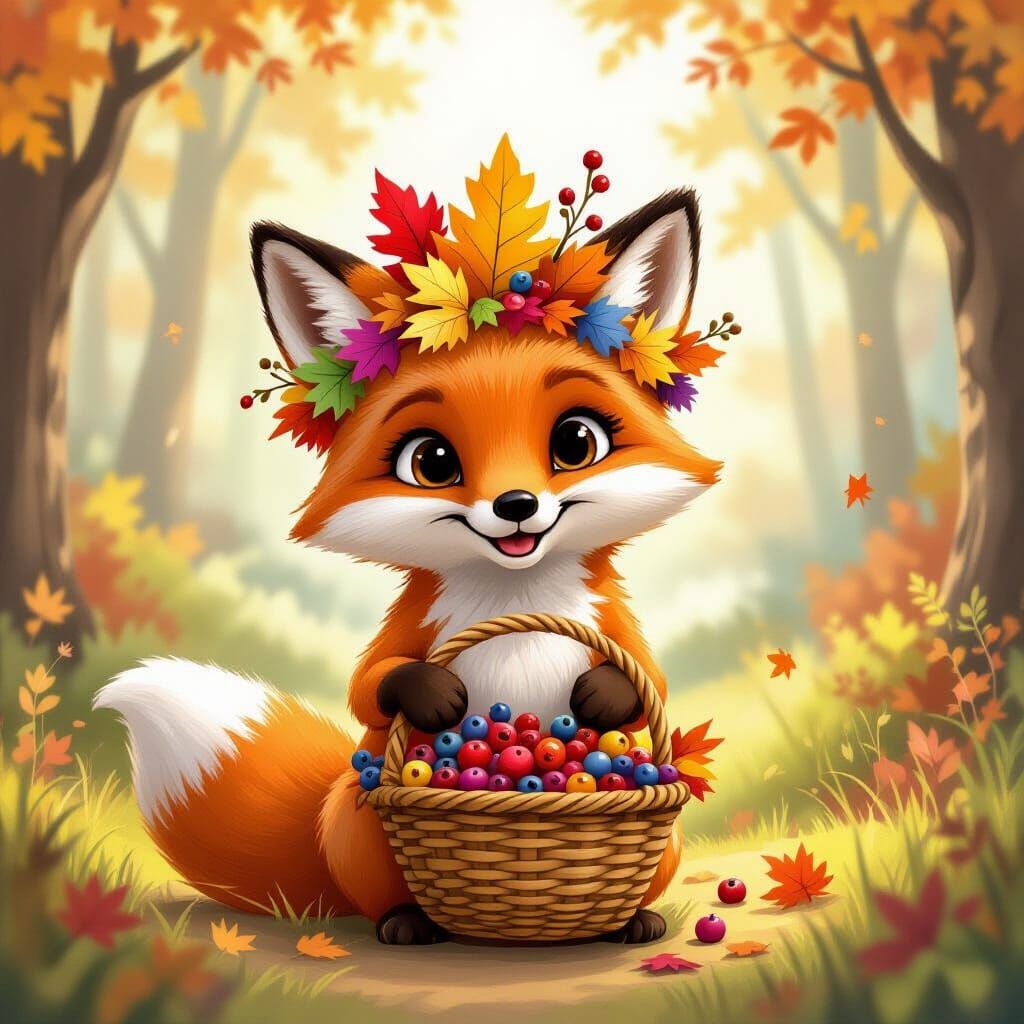 Cheerful Fox in Autumn Crown with Berry Basket