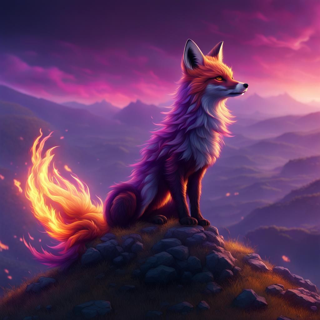 Flaming Purple Fox on a Hill in Detailed Matte Painting