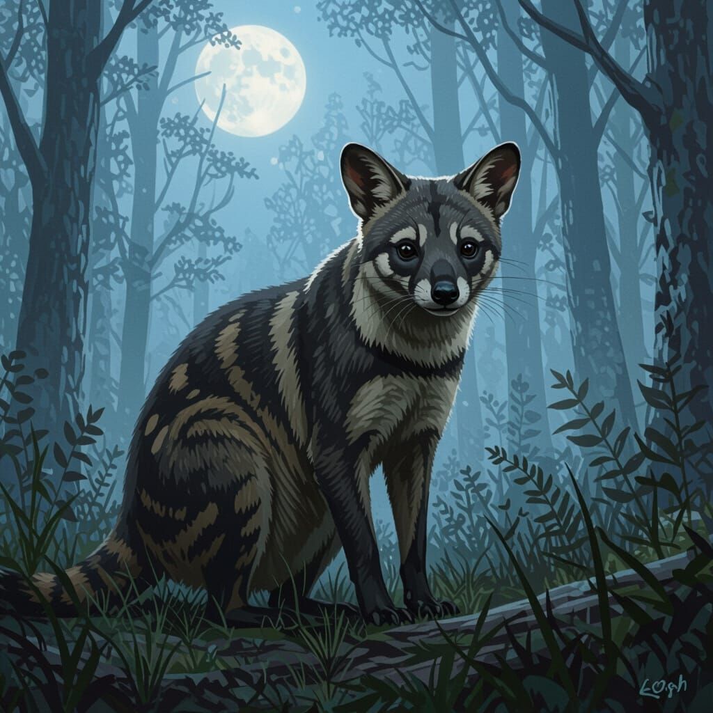 Thylacine in Moonlit Forest: Wildlife Illustration