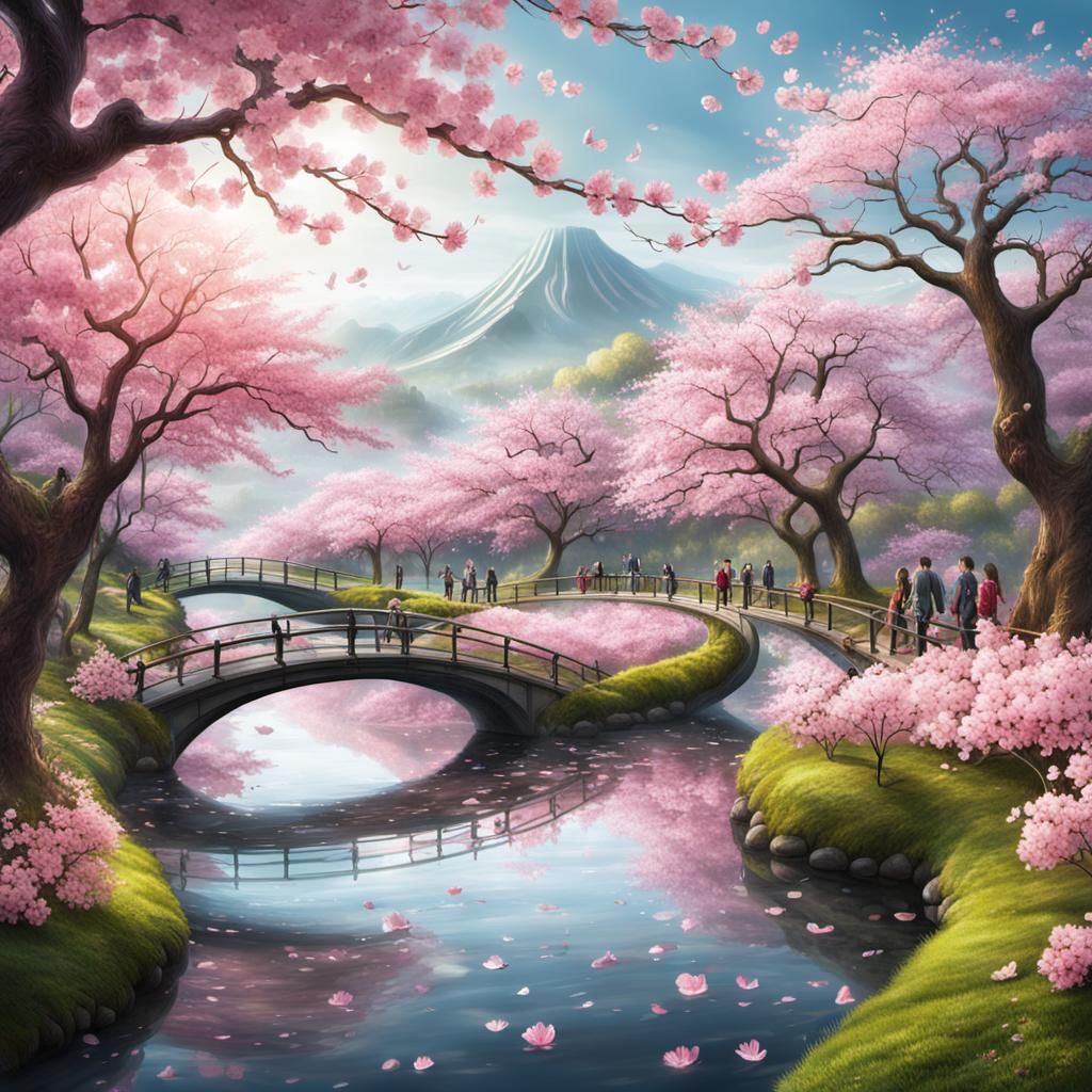 Cherry Blossom Park in Full Bloom: Digital Painting