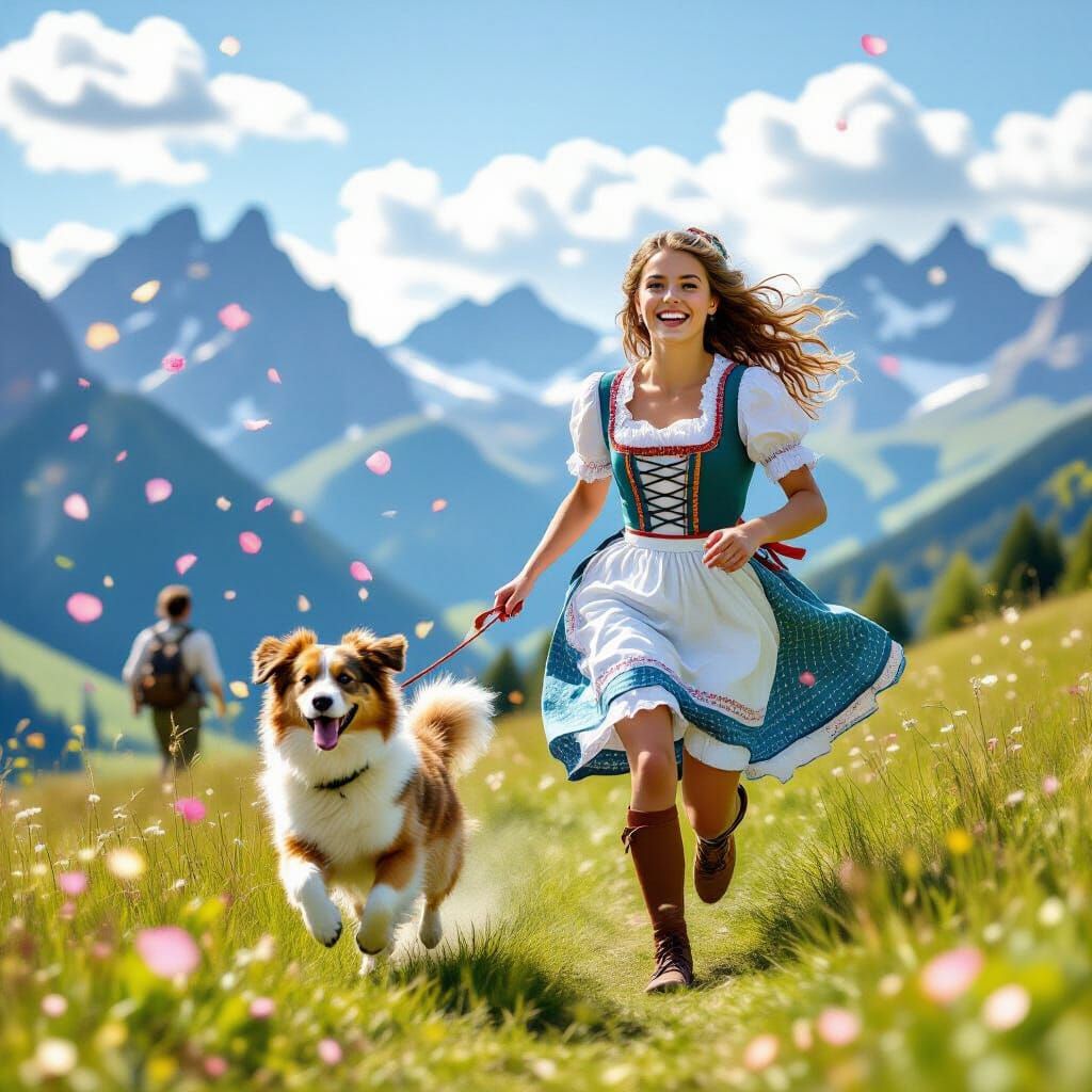 Heidi and Dog Running in Alpine Mountains