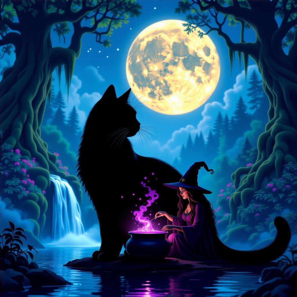 Enchanted Forest Cat Silhouette with Witch and Waterfall