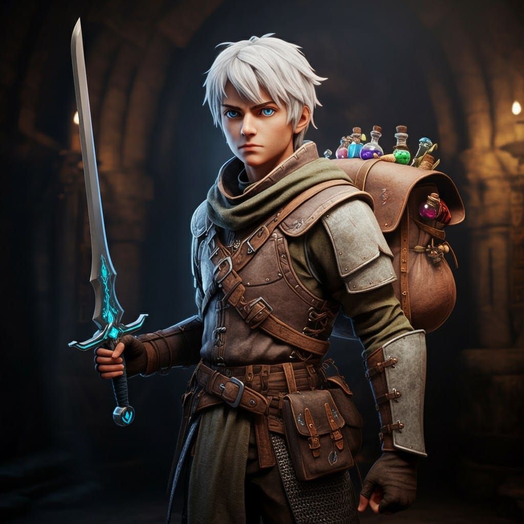 Heroic Young Adventurer Kaito with Longsword, Digital Matte ...