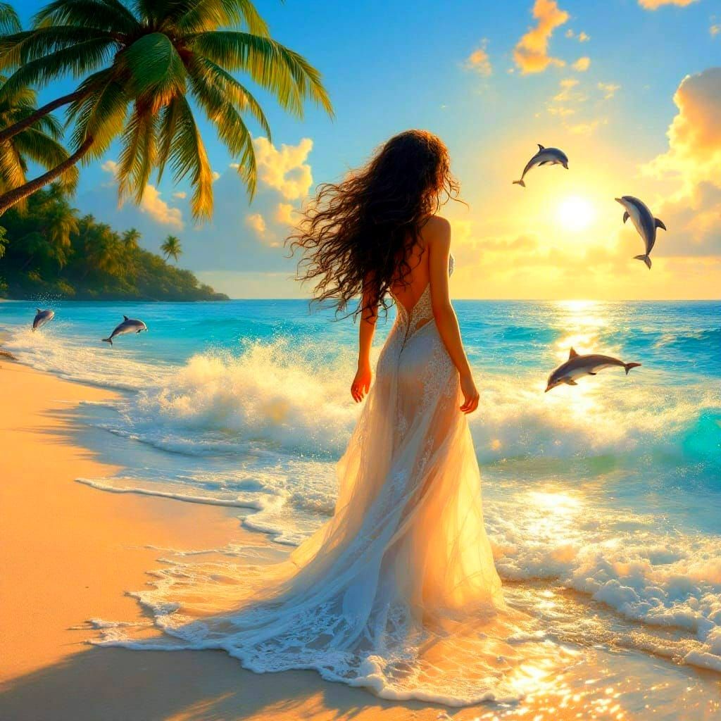 Surreal Tropical Goddess Amidst Dancing Dolphins