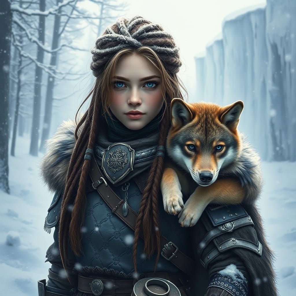 Warrior girl with a wolf pup