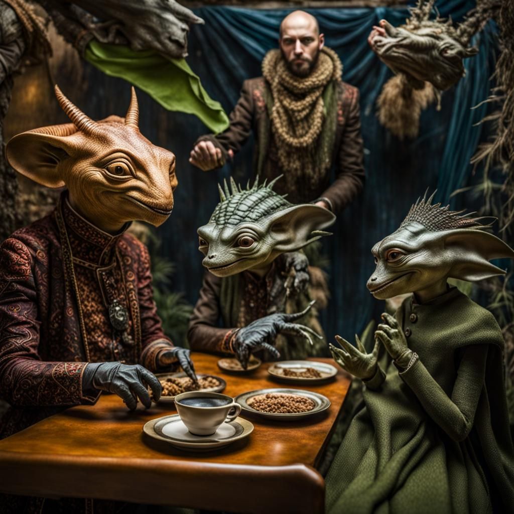 Surreal Alien Celebration in Restaurant, Magical Realism