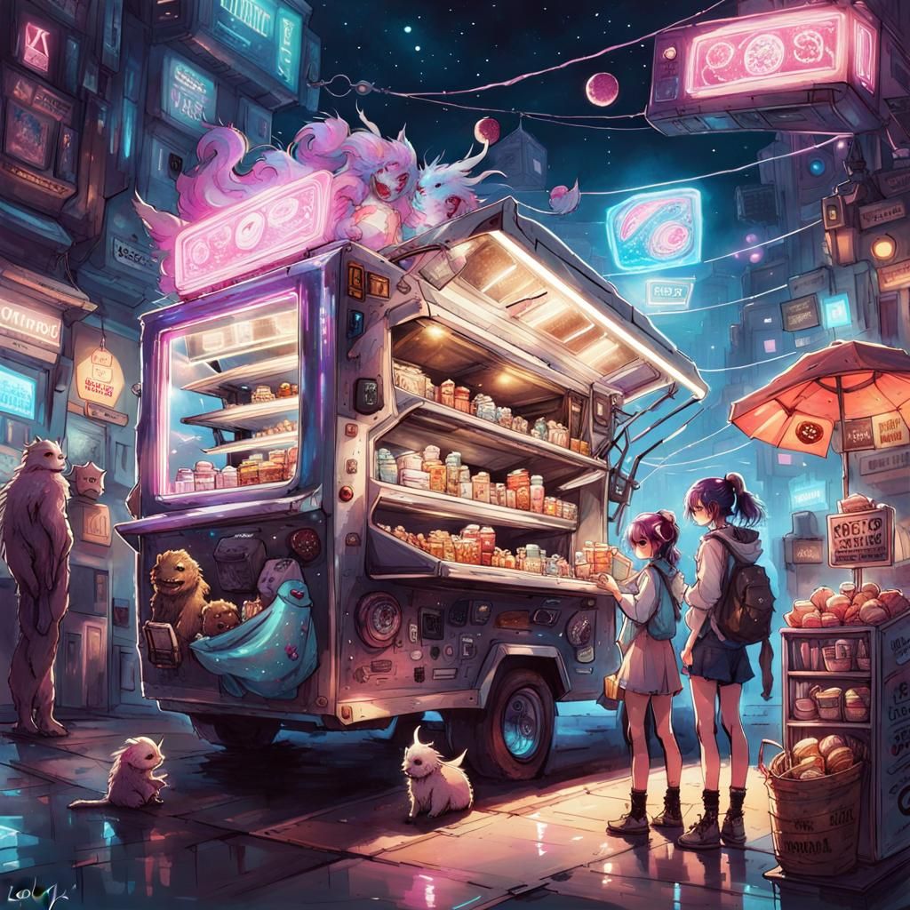 Monster Girl at Cyberpunk Food Truck in Space