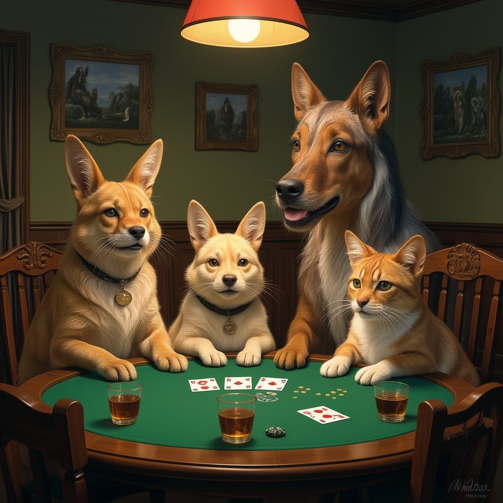 Animals Play Poker All Night in Dimly Lit Room