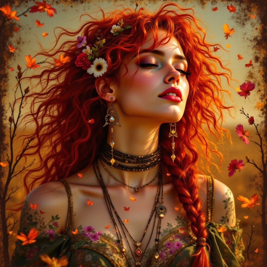 Bohemian Woman Portrait with Intricate Jewelry in Art Nouvea...