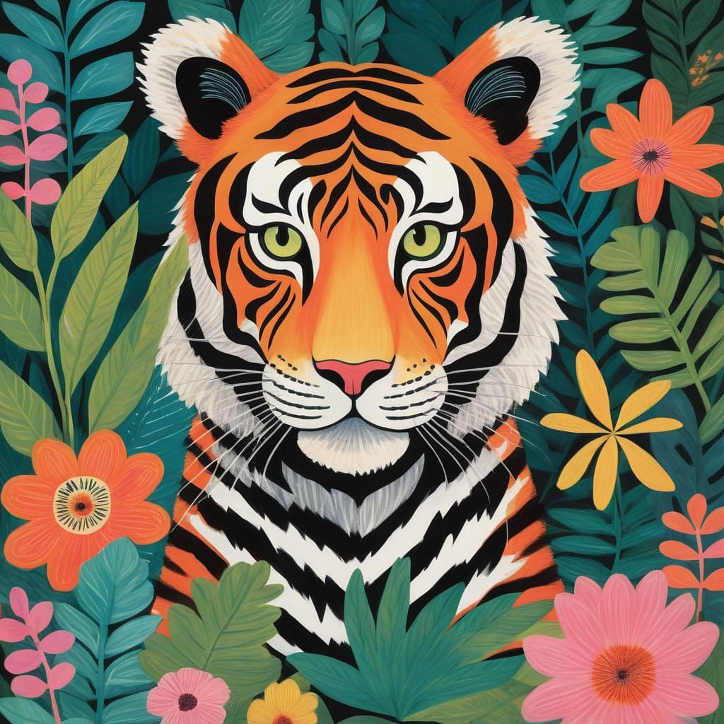 Whimsical Jungle Tiger in Vibrant Colors