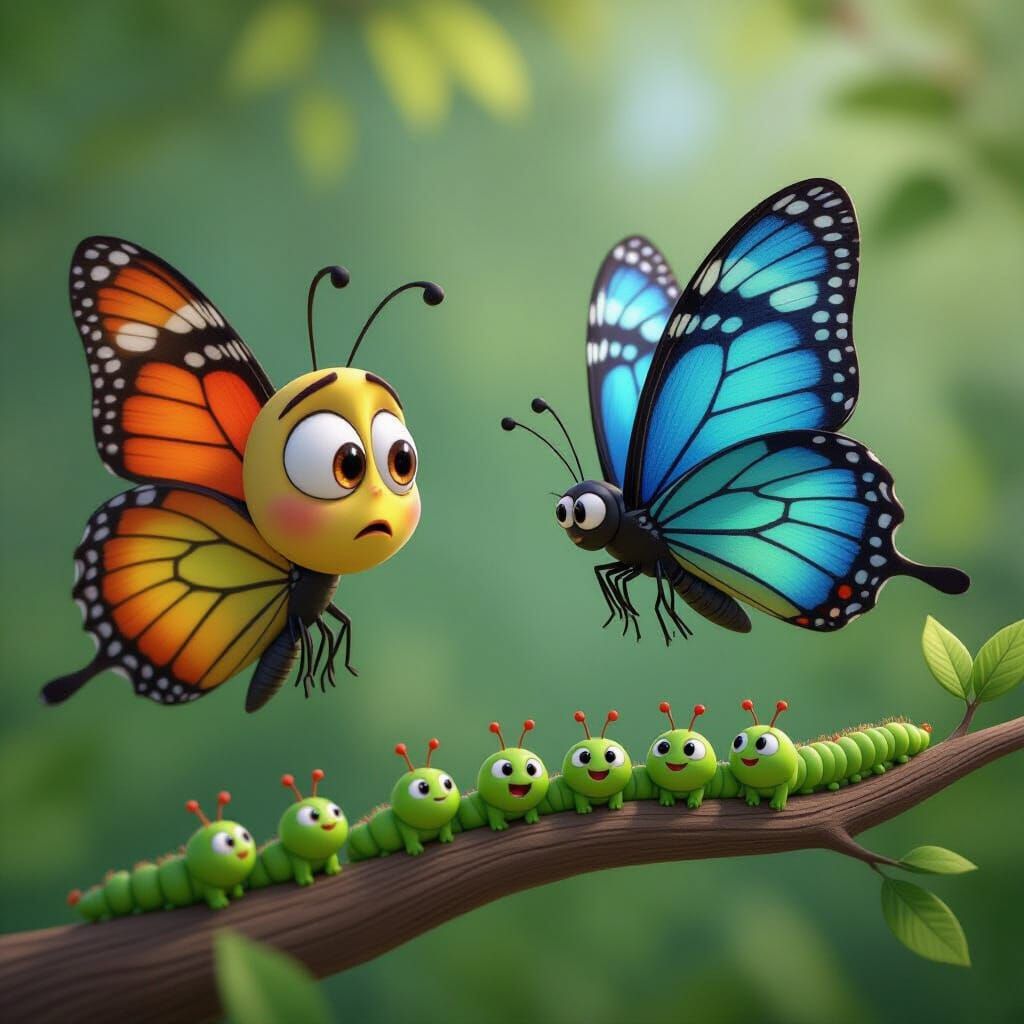 Confused Butterfly Stares at Caterpillars: Pixar Style