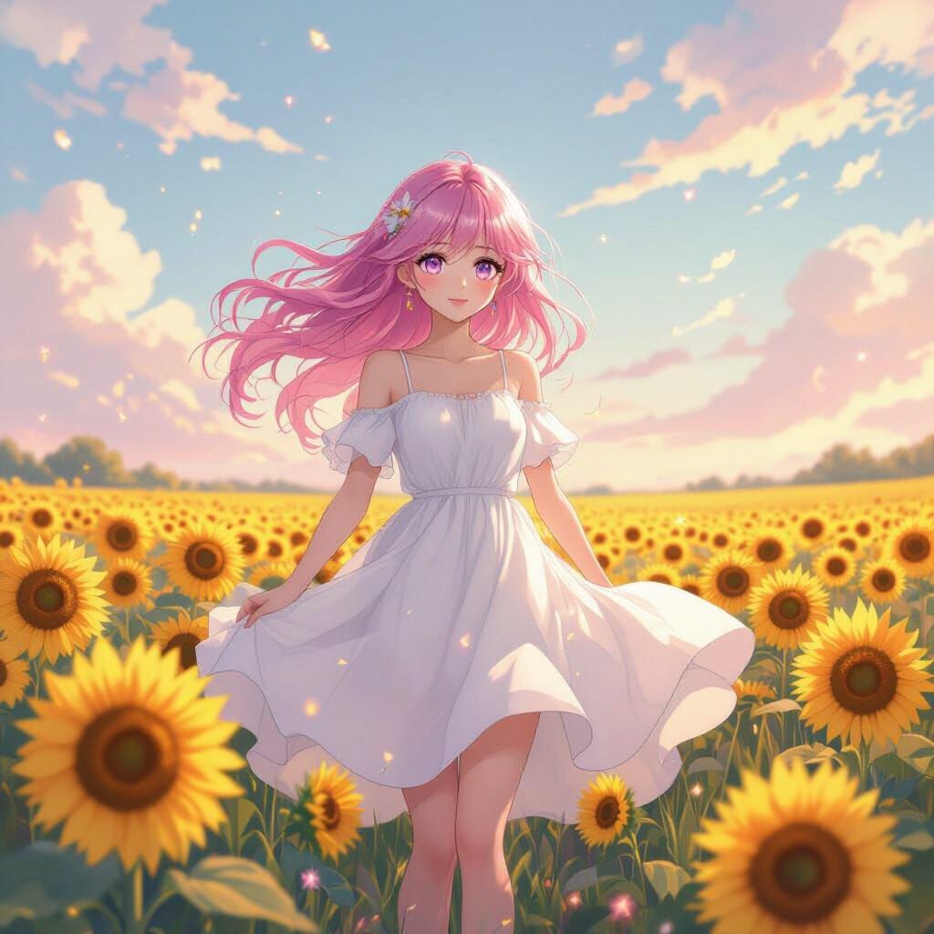 Anime Girl in Sunflower Field with Pastel Sky