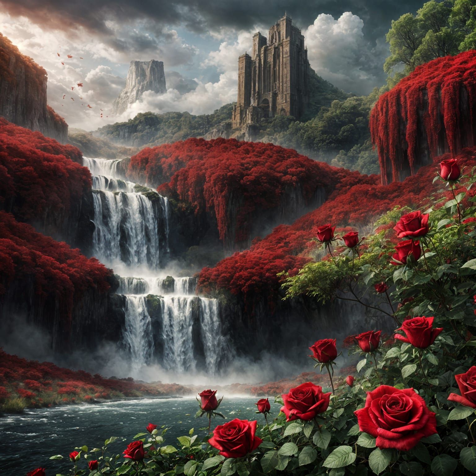 Blood Red Rose Meadow and Towering Waterfall