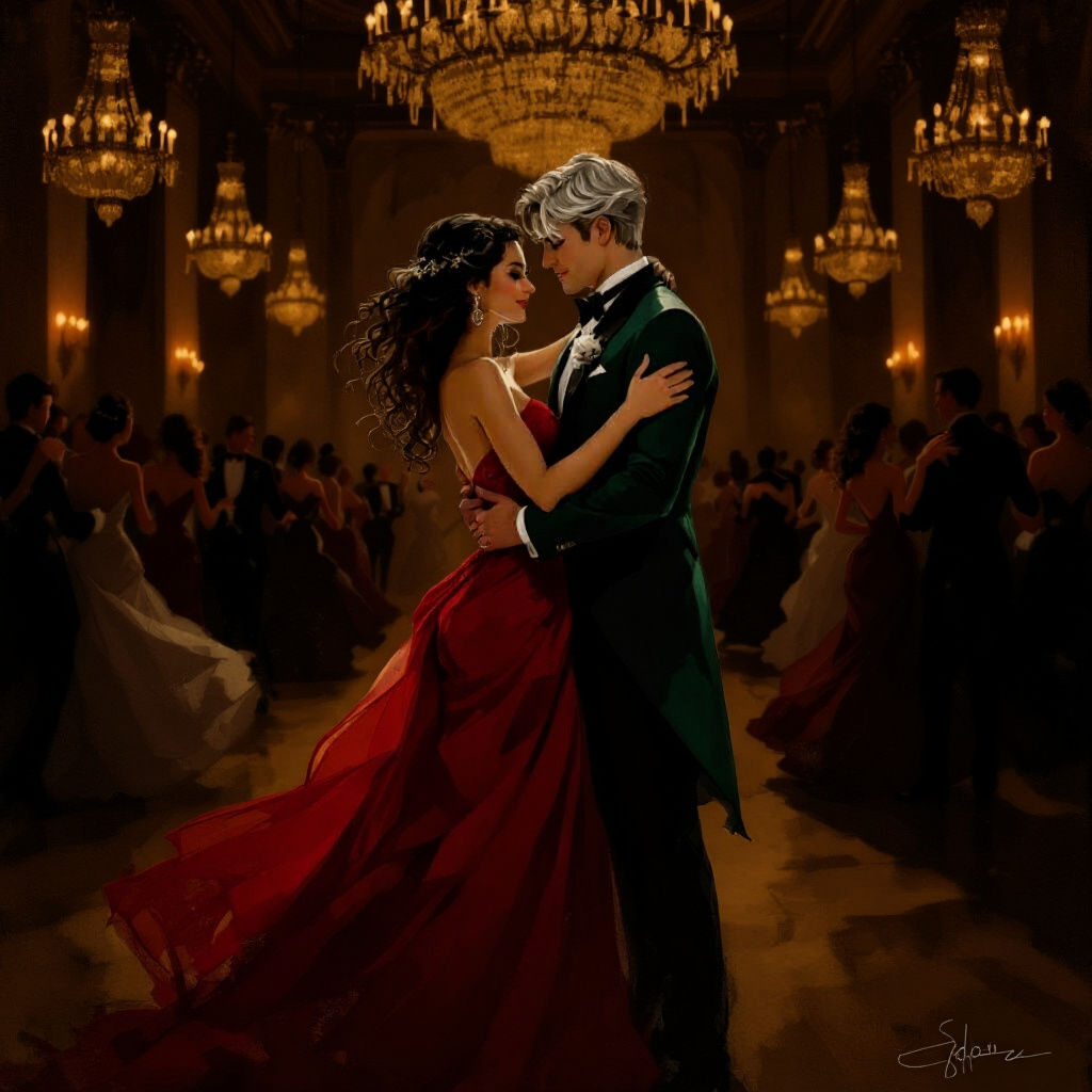 Couple's Romantic Embrace in Grand Ballroom, Impressionistic...