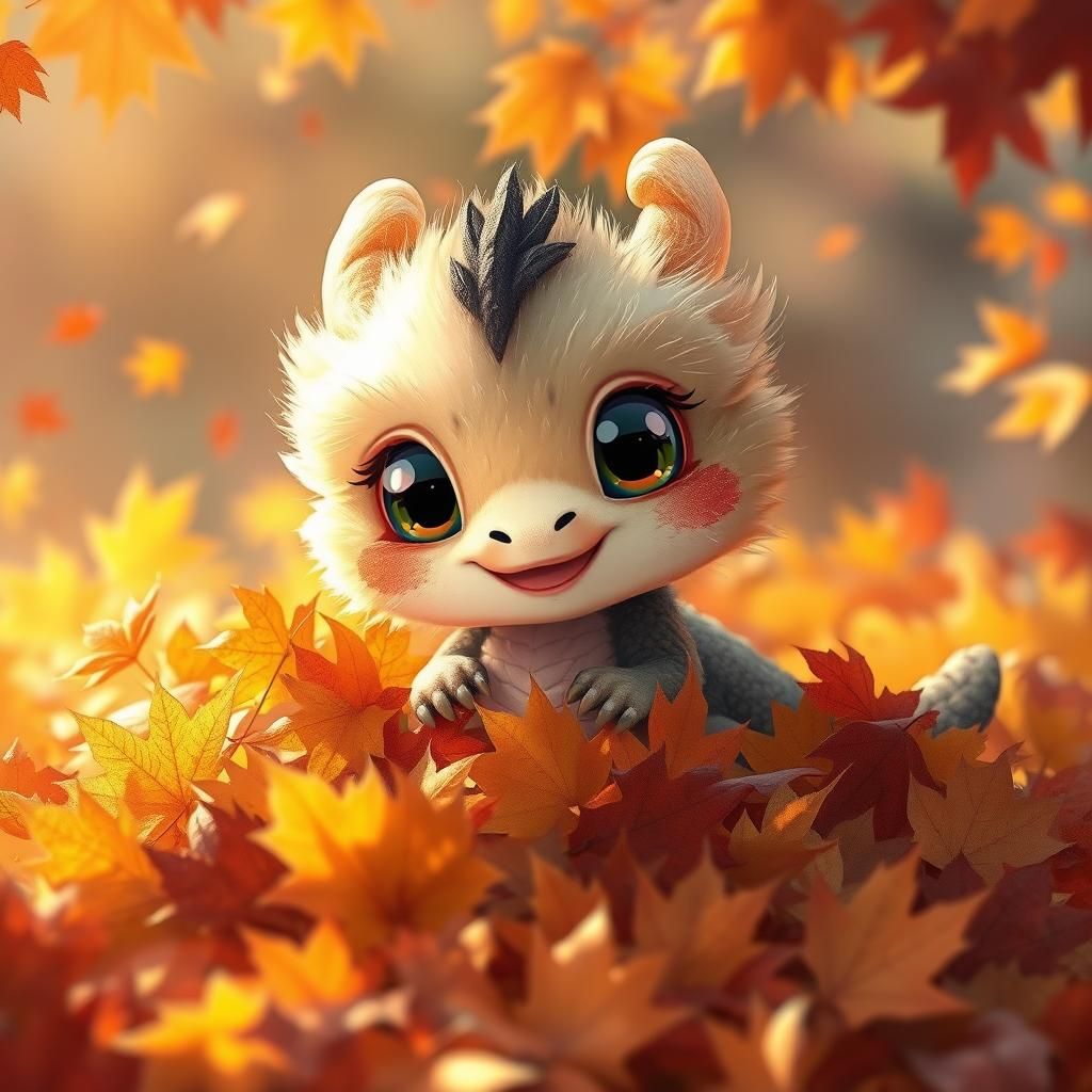 Adorable Dragon Hatchling in Autumn Leaves, Digital Art