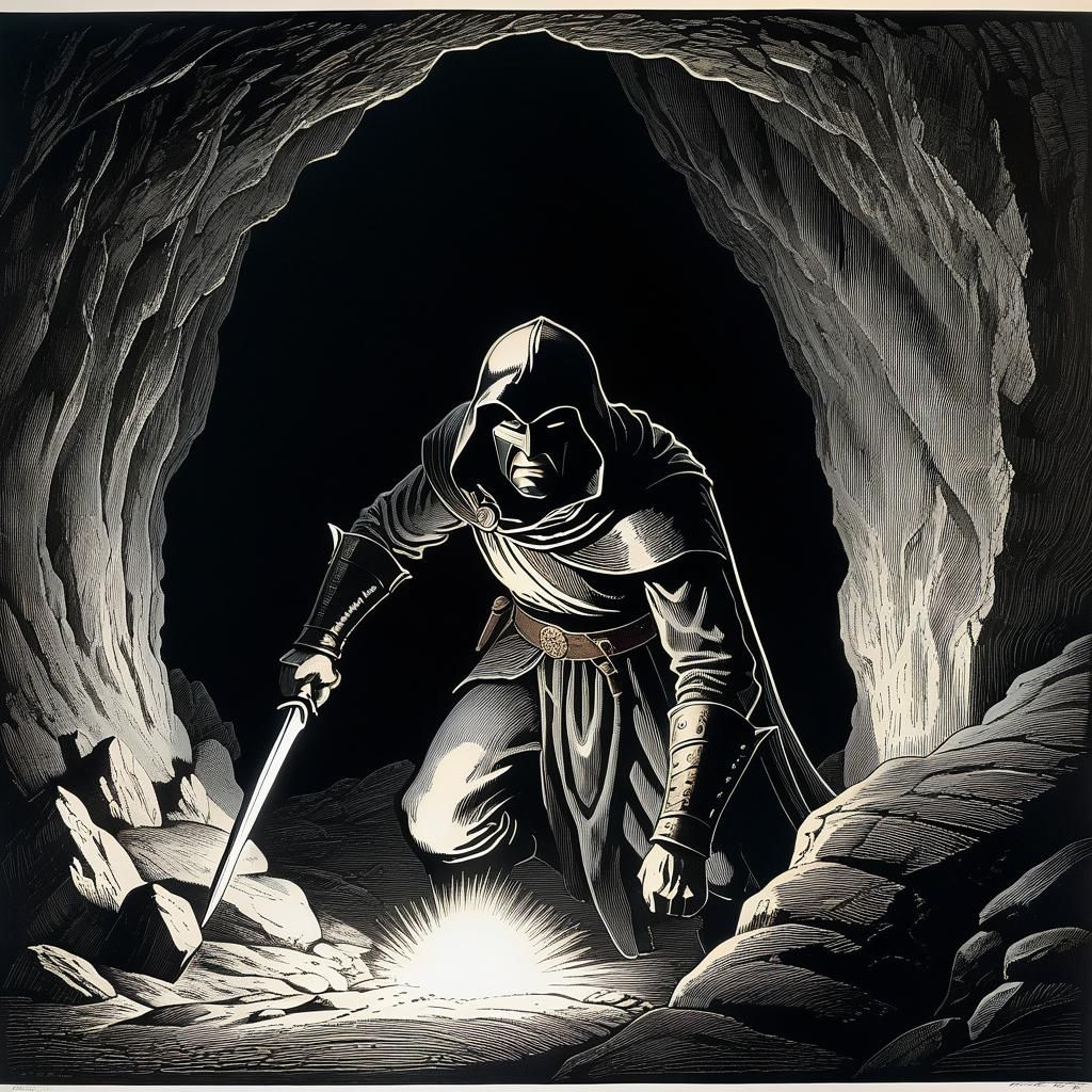 Medieval Bandit in Cave: Etching Style