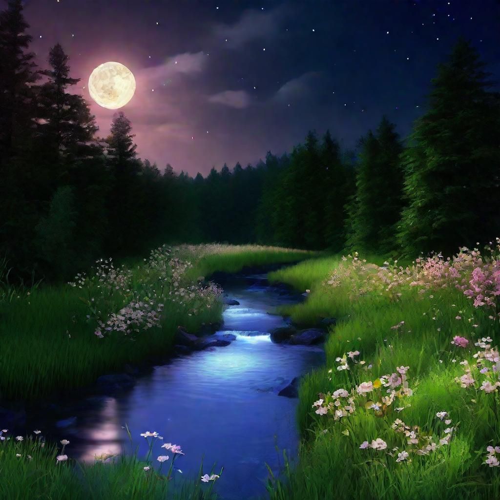 Ethereal Forest River at Night in Fantasy Style