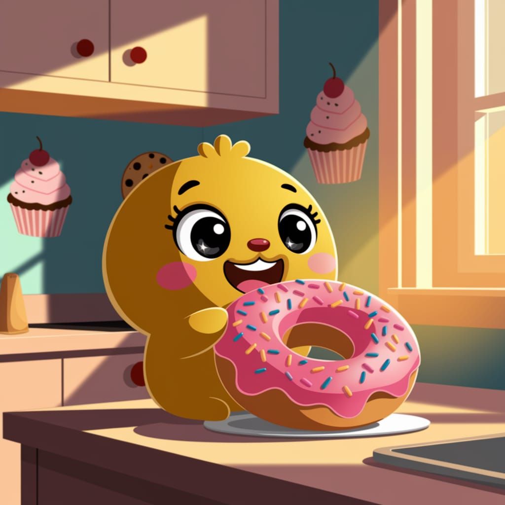 A cute yellow cartoon character happily eating a pink donut ...