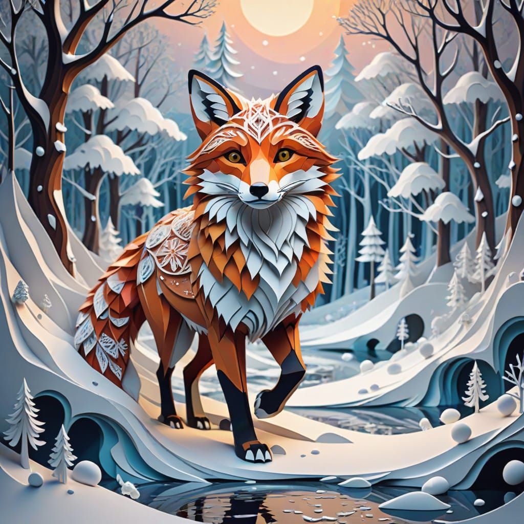 Enchanted Winter Fox in Whimsical Kirigami Wonderland