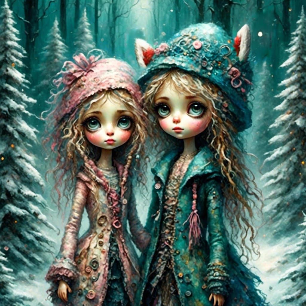 Brother and Sister Dolls in Winter Forest