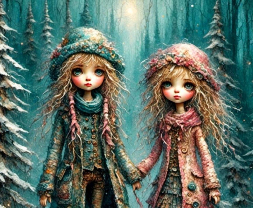 Whimsical Dolls in Snowy Evergreen Forest
