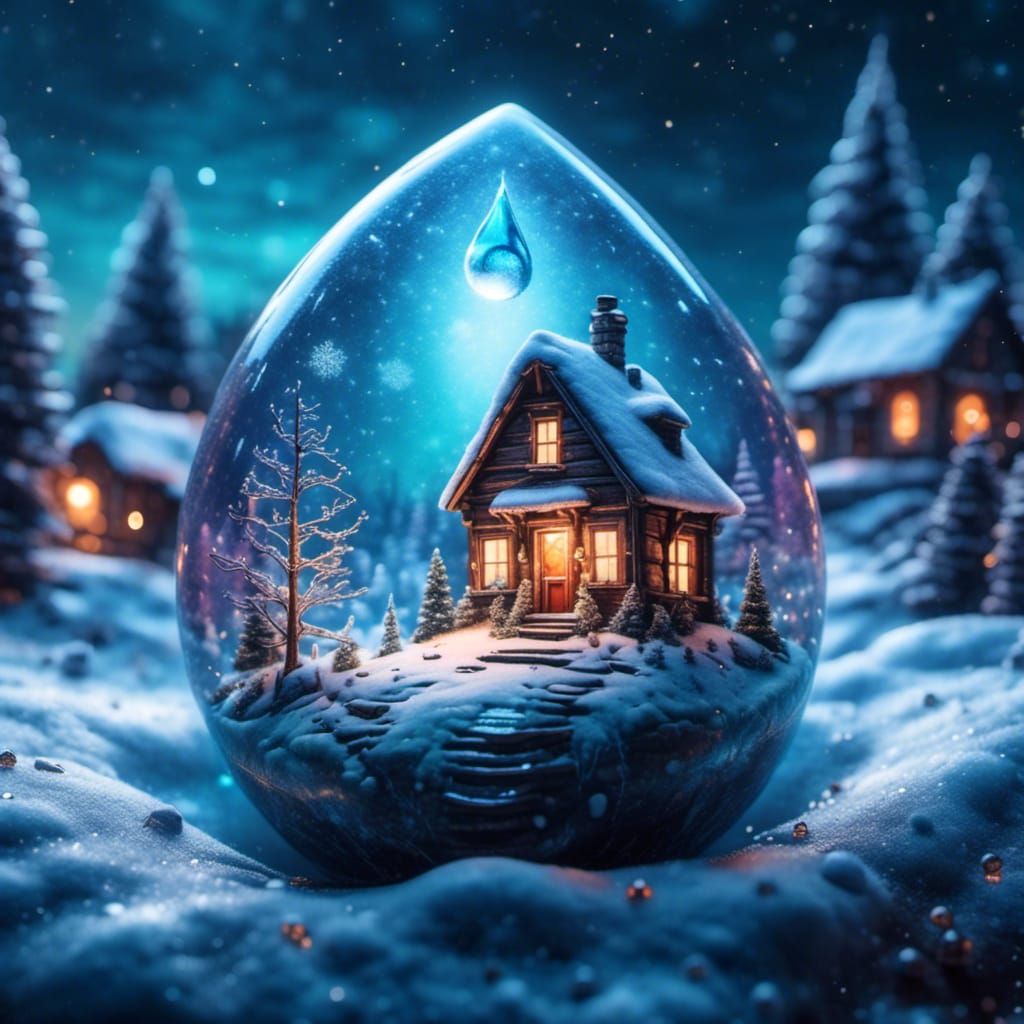 Winter Wonderland Microcosmos in Water Drop, Digital Paintin...