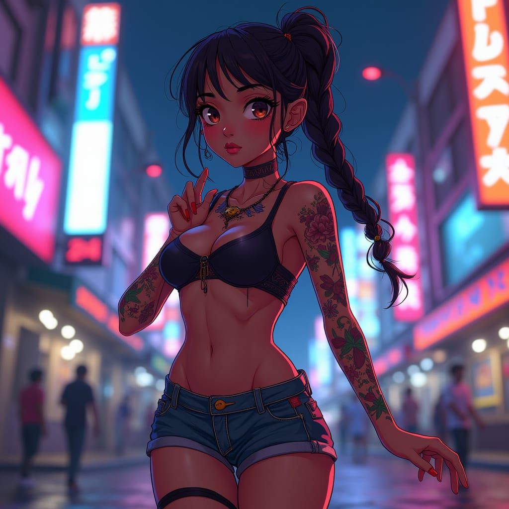 Cyberpunk Goddess in Vibrant Nightsky