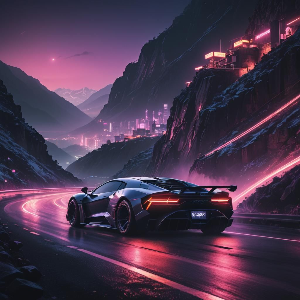 Cyberpunk Supercar Speeds Through Misty Mountain Pass