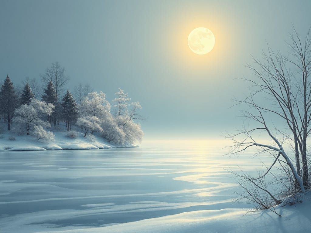 Moonlit Winter Serenity, Frozen Lake at Nighttime