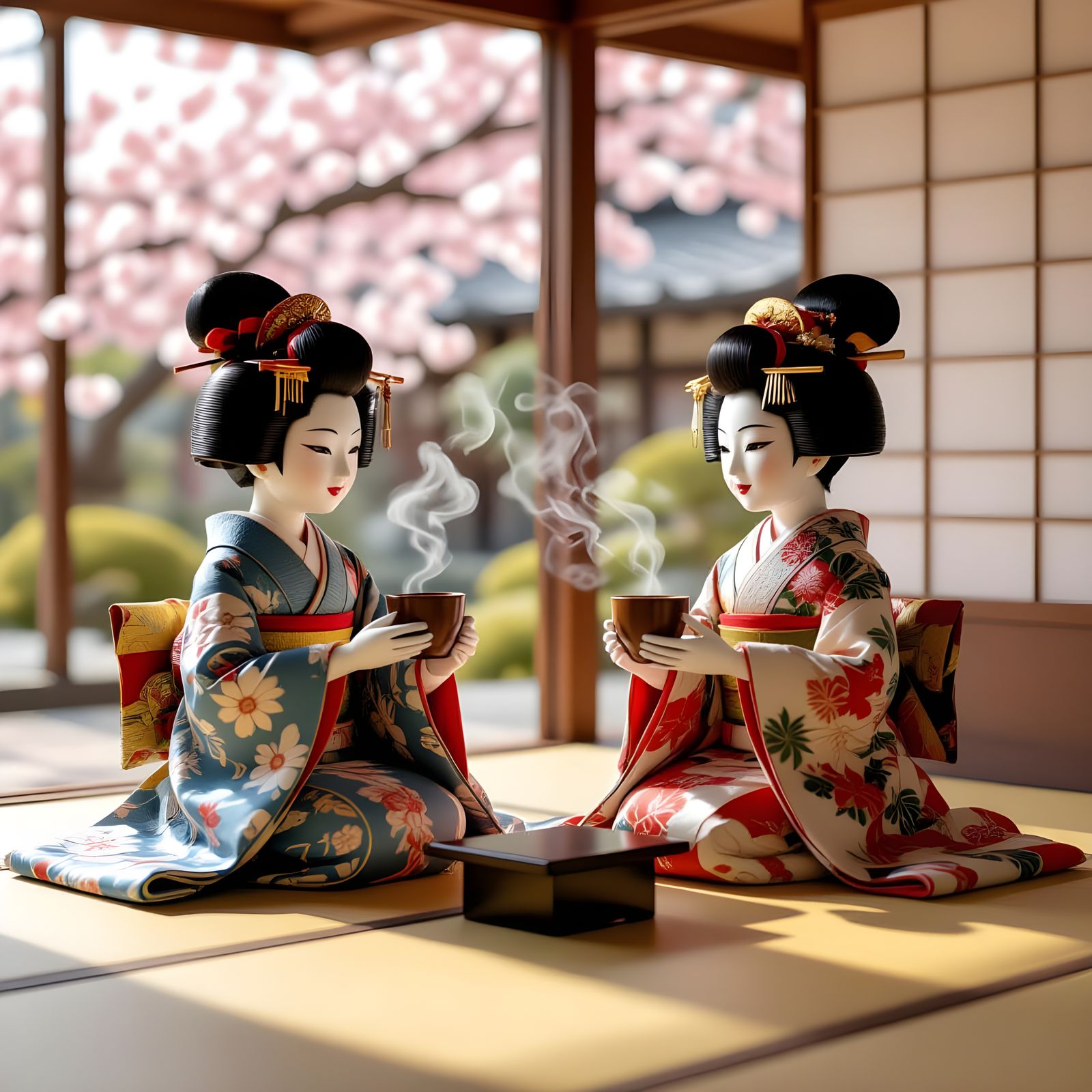 Edo Puppets Sip Tea Among Cherry Blossoms