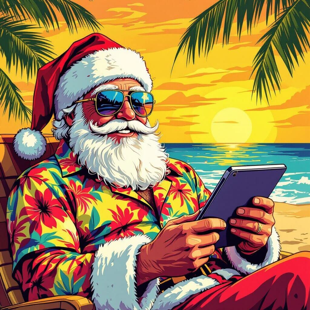 Pop Art Santa on Beach with iPad in Golden Hour
