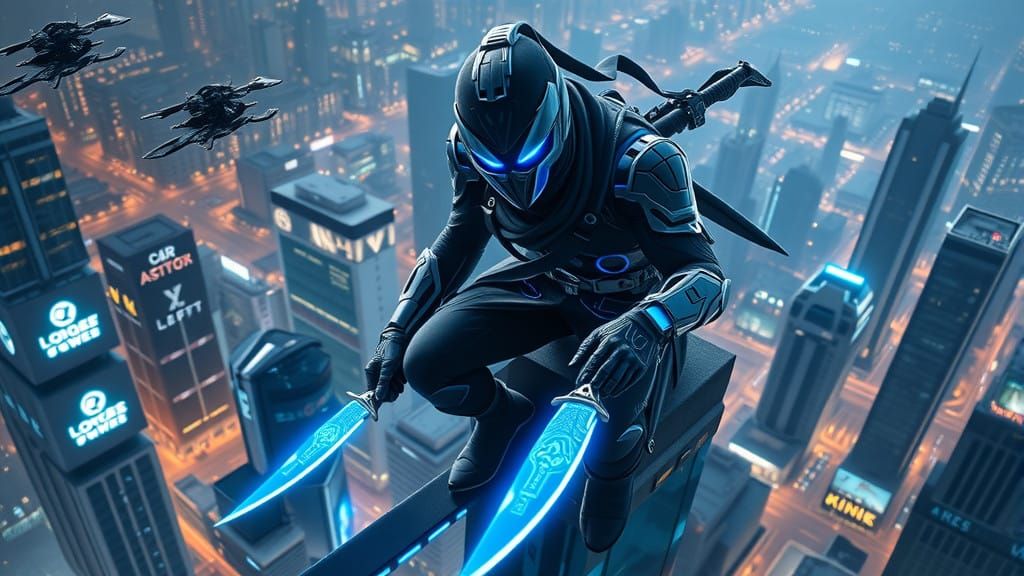 Cyberpunk Ninja Radiates Intensity on Towering Skyscraper