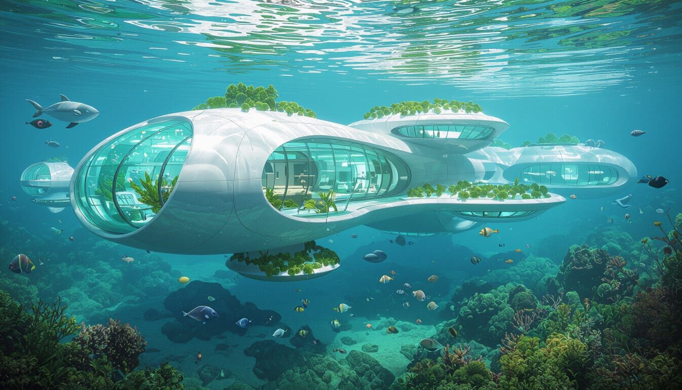 Futuristic Underwater Metropolis with Lush Vegetation