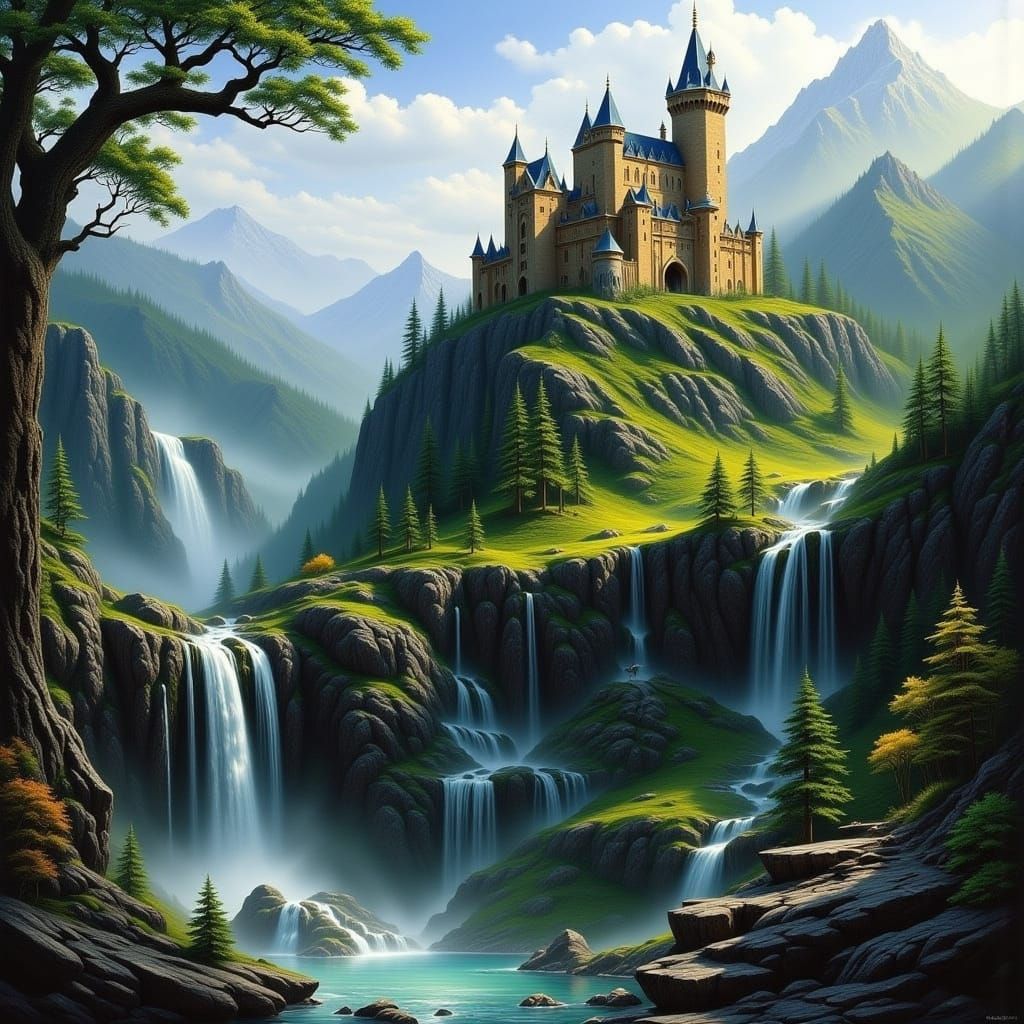Fantasy Castle Amidst Whimsical Waterfall in a Mountainous R...
