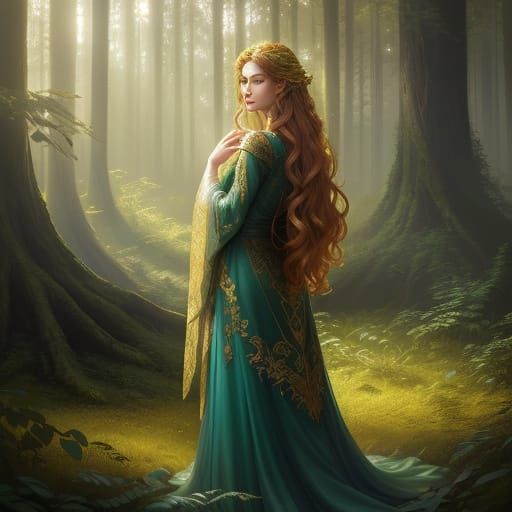 Ethereal Woman in Mystical Forest Glade