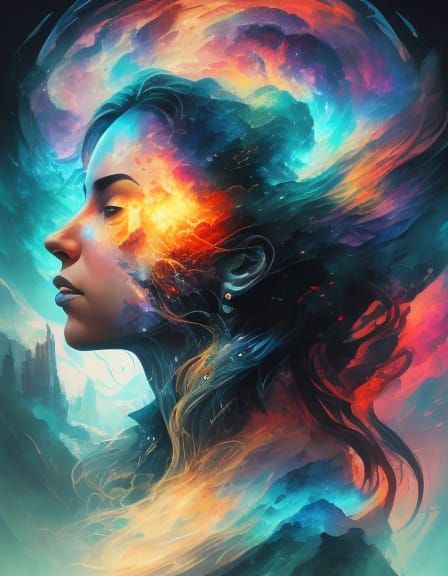 Queen Amidst Celestial Nebulae in Digital Painting Style