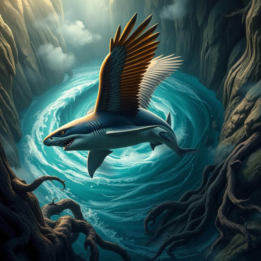 Majestic Shark-Eagle Hybrid Soaring Through Emerald Waters