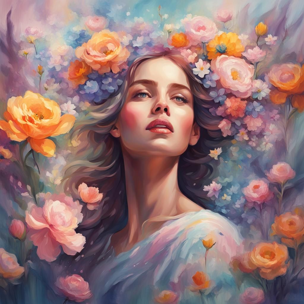 Abstract Spring Woman in Pastel Colors, Detailed Matte Paint...