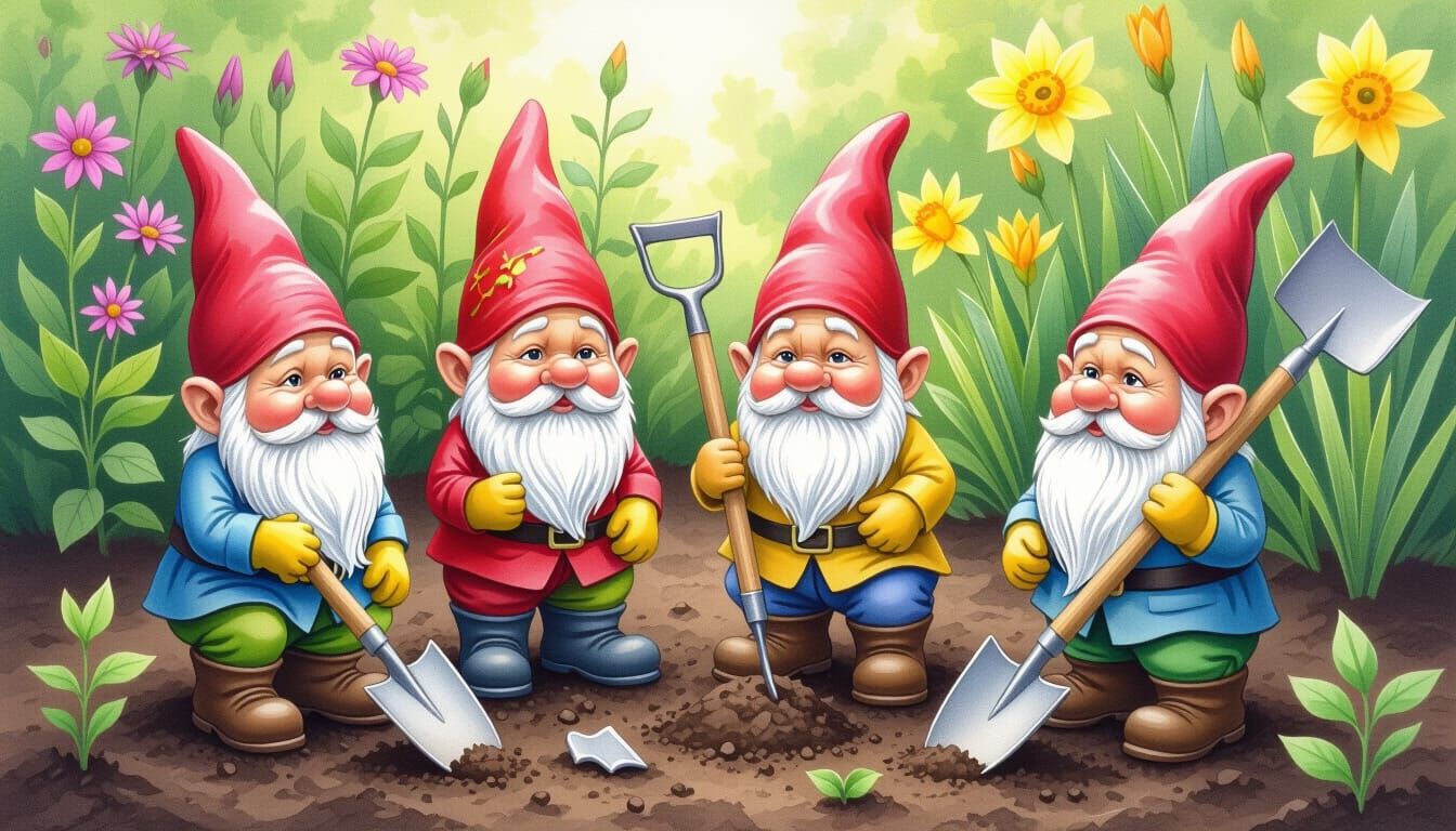 Complaining Garden Gnomes on Strike in Realistic Sketch