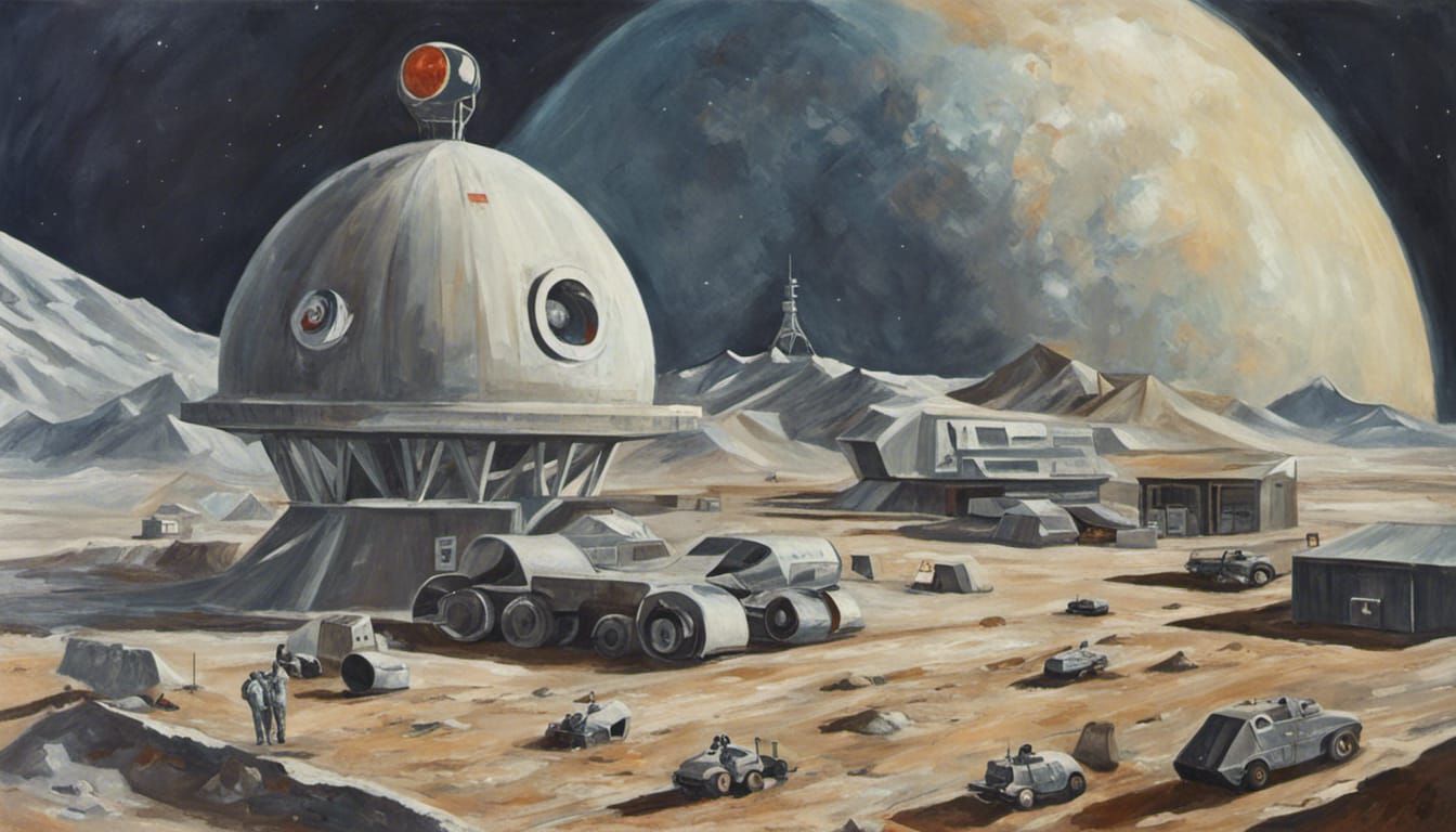 Soviet Lunar Base in 1960s NASA Oil Painting Style