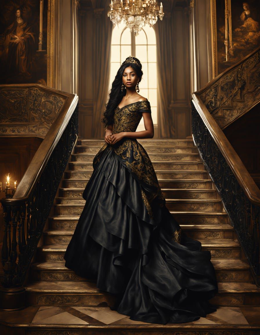 Elegant Black Princess on Golden Staircase