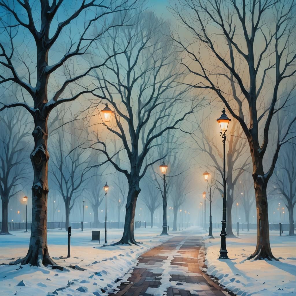 Vibrant Oil Painting of a Surreal Winter Park