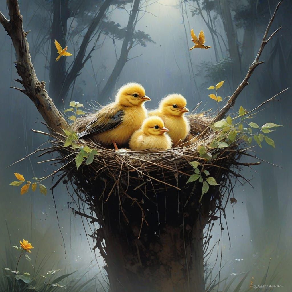 Adorable Chicks Under Mother's Protection Amidst Rainy Night