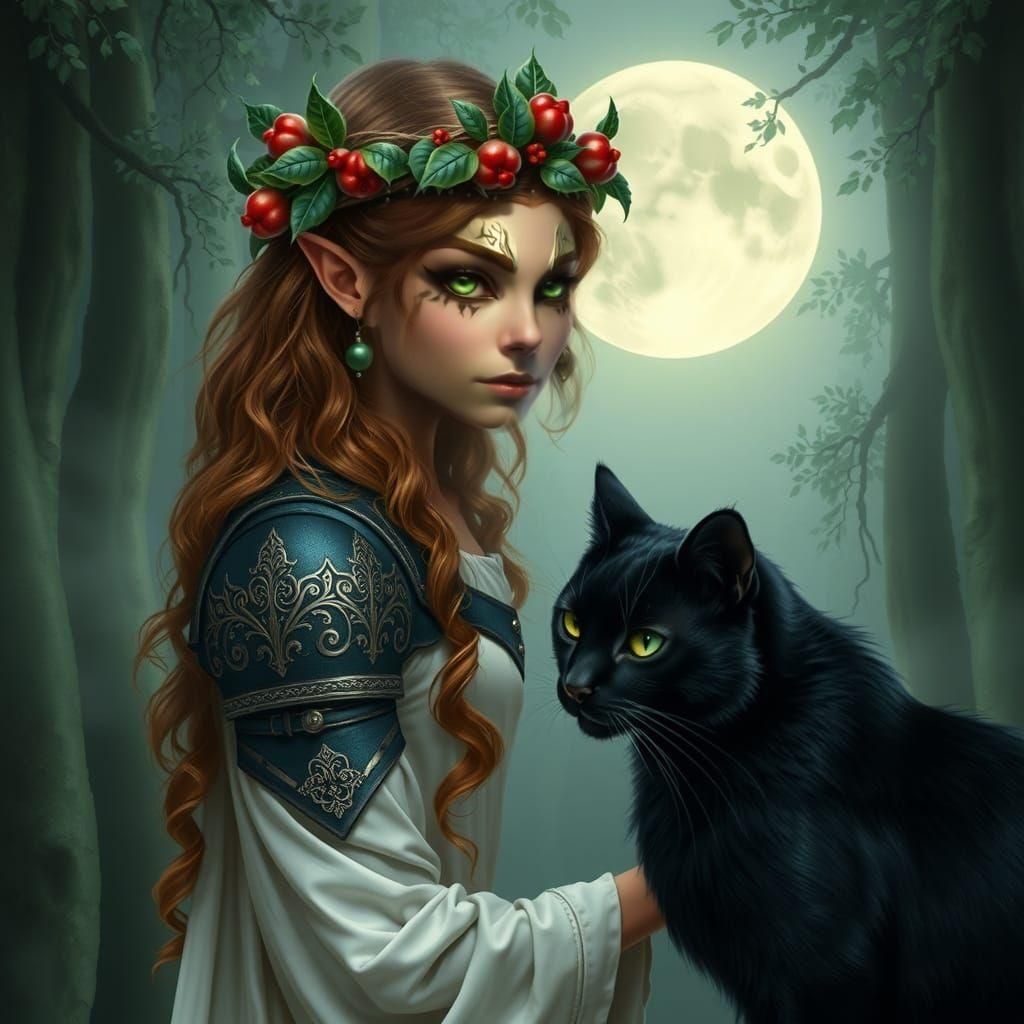 Wood Elf with Black Cat in Forest