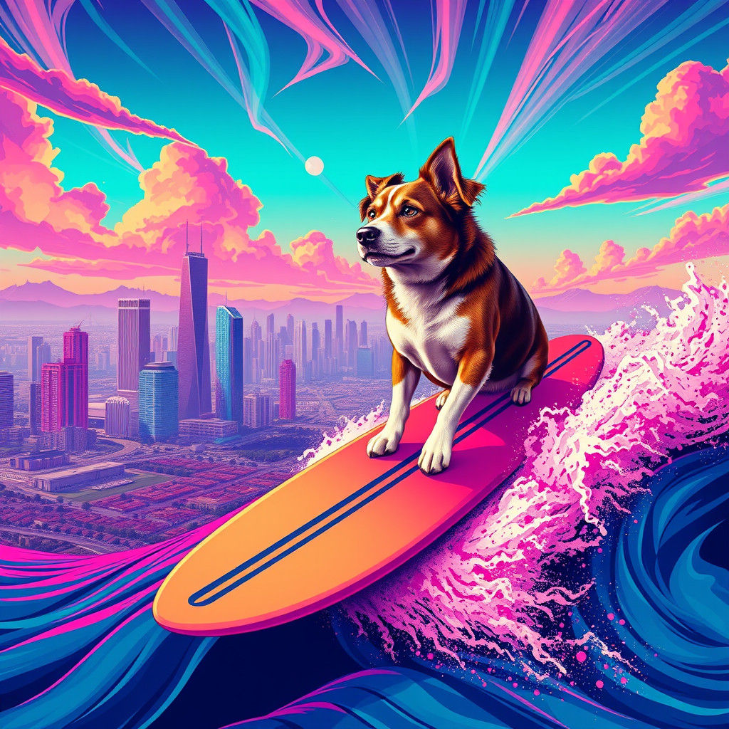 Dog Surfing with Cityscape in Synthwave Neon Style