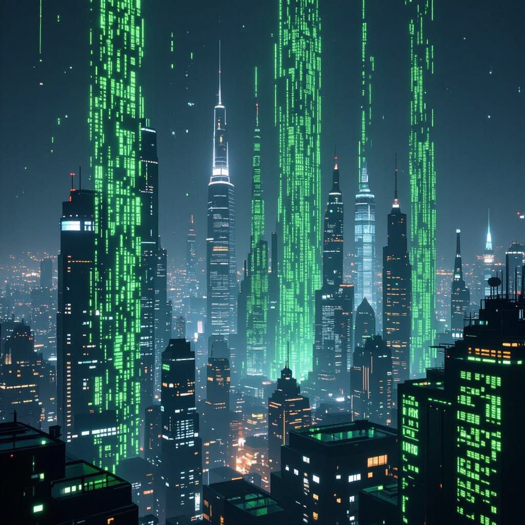 Futuristic City Skyline at Night with Digital Codes