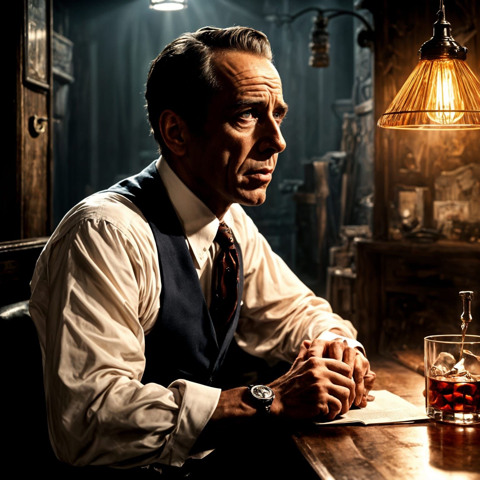 Moody film still. Humphrey Bogart as A gumshoe detective sit...